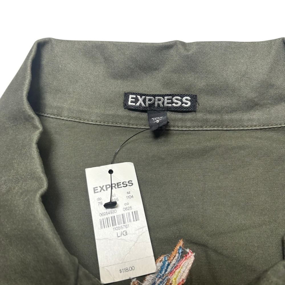 NWT Express Utility Jacket L Olive Green Embroidered Parrot Lace-Up Military New - Picture 6 of 8